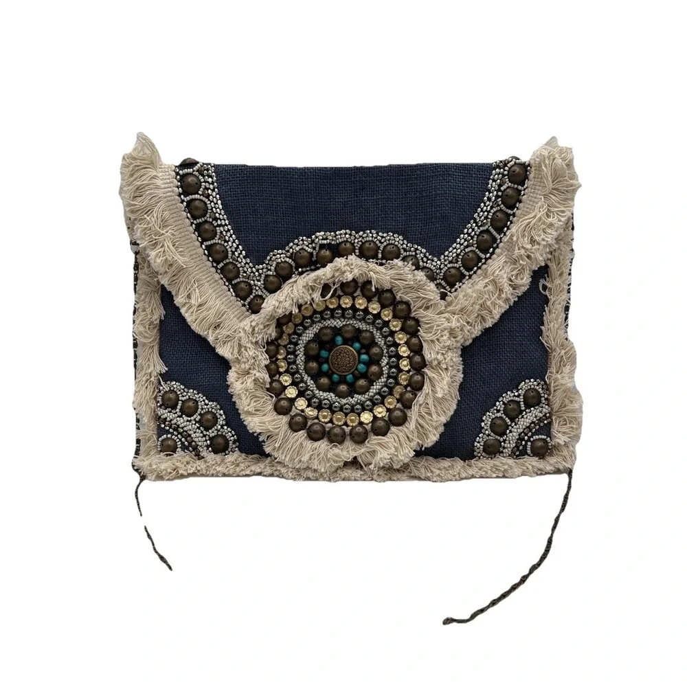 Labellum Hillary Scott Fringe Detailed Metal Accented Envelope Brass Chain Strap